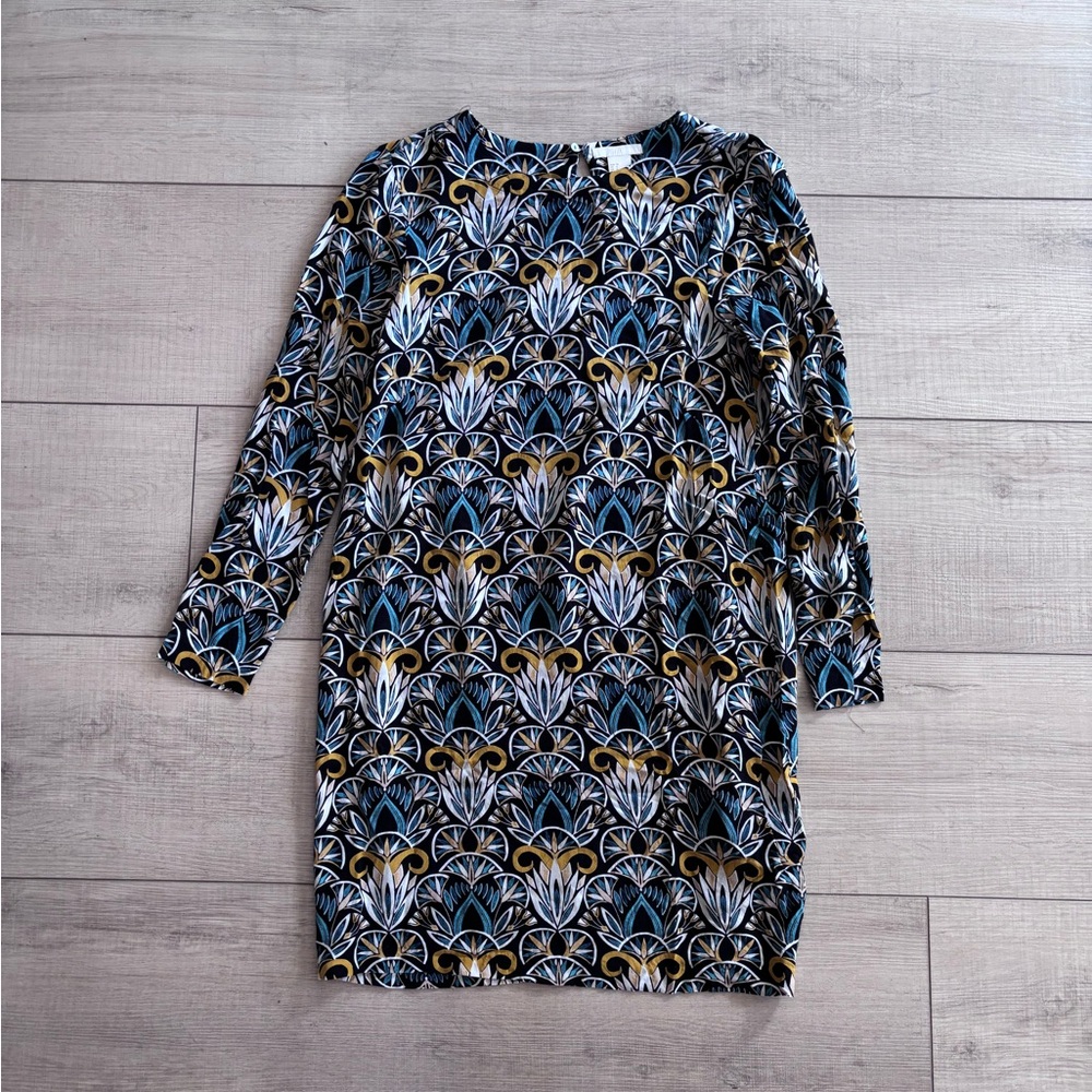 H&M Navy, White & Mustard Playful Patterned Cottagecore Long Sleeve Dress Size 6